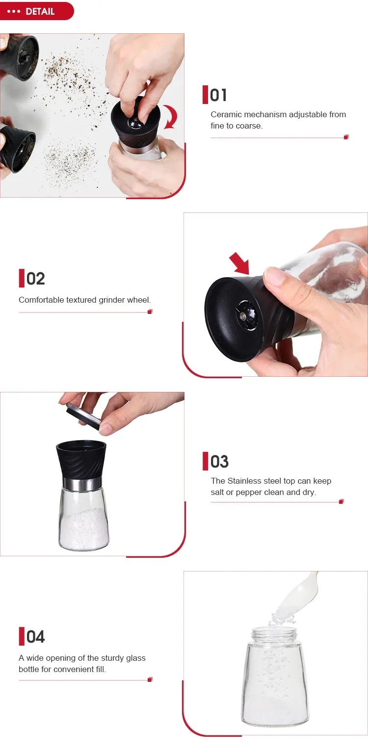 Portable 304 Stainless Steel Salt and Pepper Shaker Glass Bottle Pepper Mill Salt Grinder Kitchen Accessories for Picnic